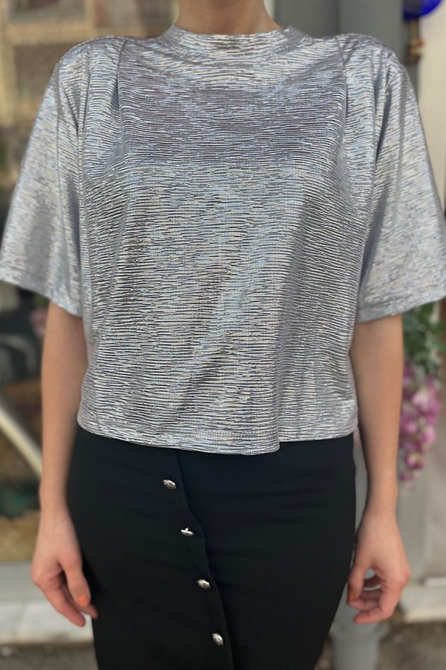 Parlak Vatkalı Bluz-Gümüş