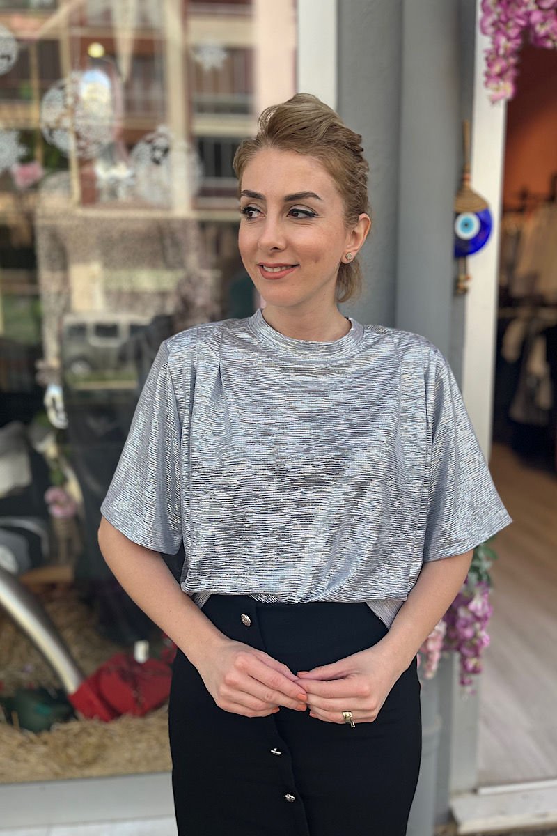 Parlak Vatkalı Bluz-Gümüş