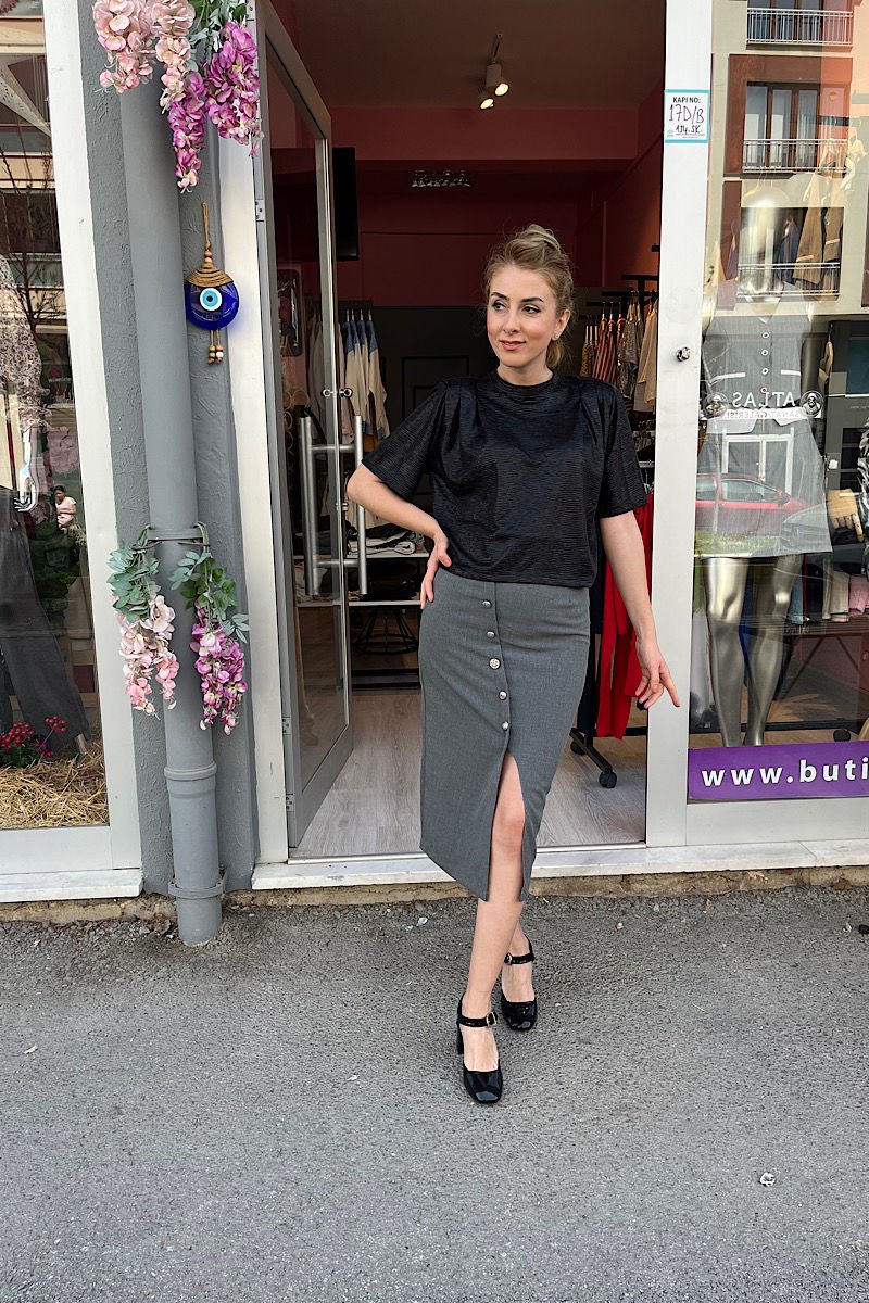 Önü Düğmeli Yırtmaçlı Etek-Füme