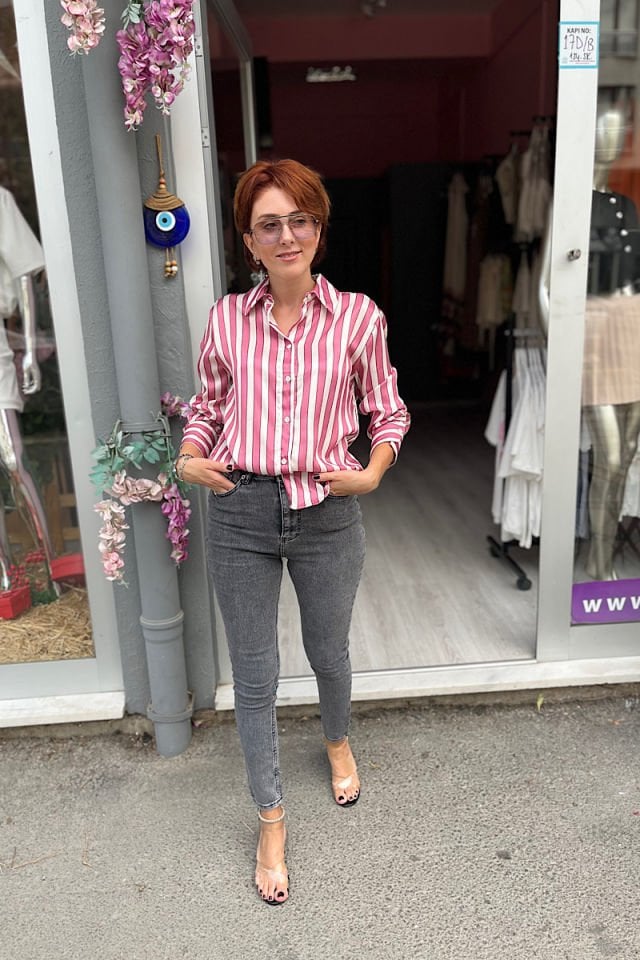 Çizgili Saten Gömlek -Fuşya Ekru