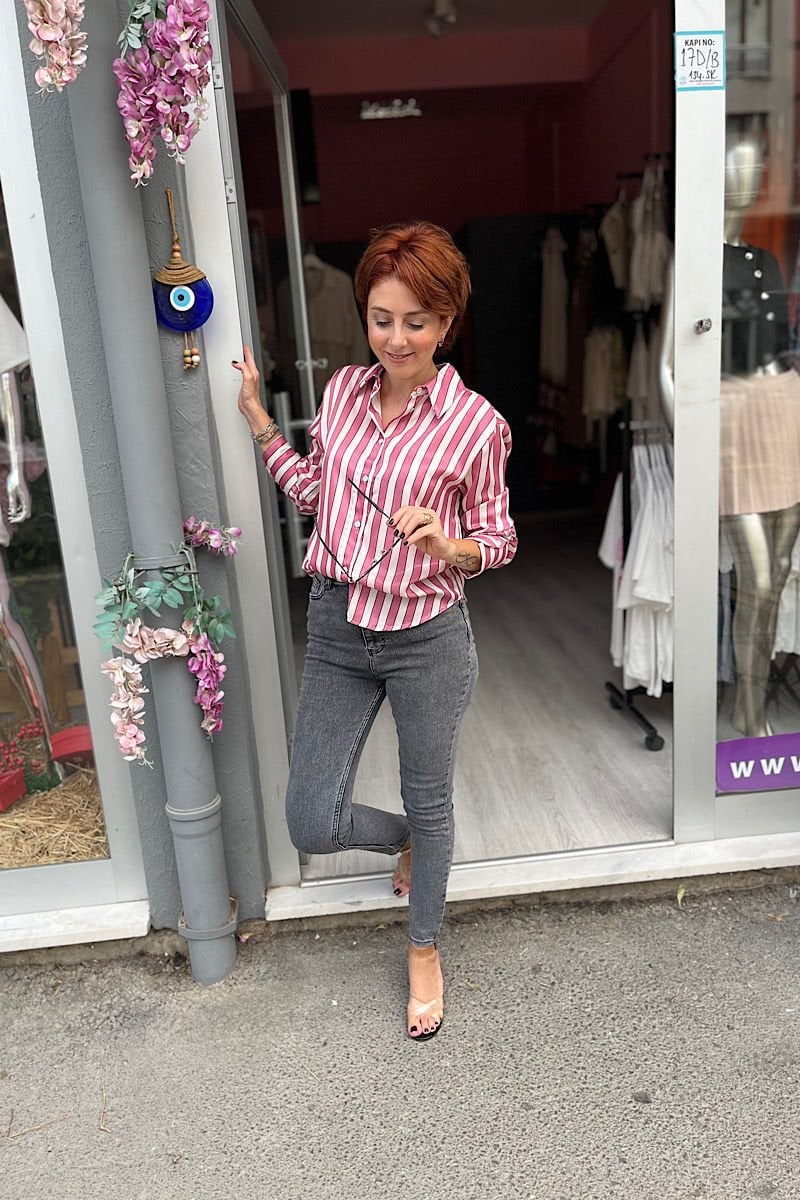 Çizgili Saten Gömlek -Fuşya Ekru