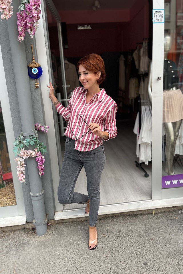 Çizgili Saten Gömlek -Fuşya Ekru