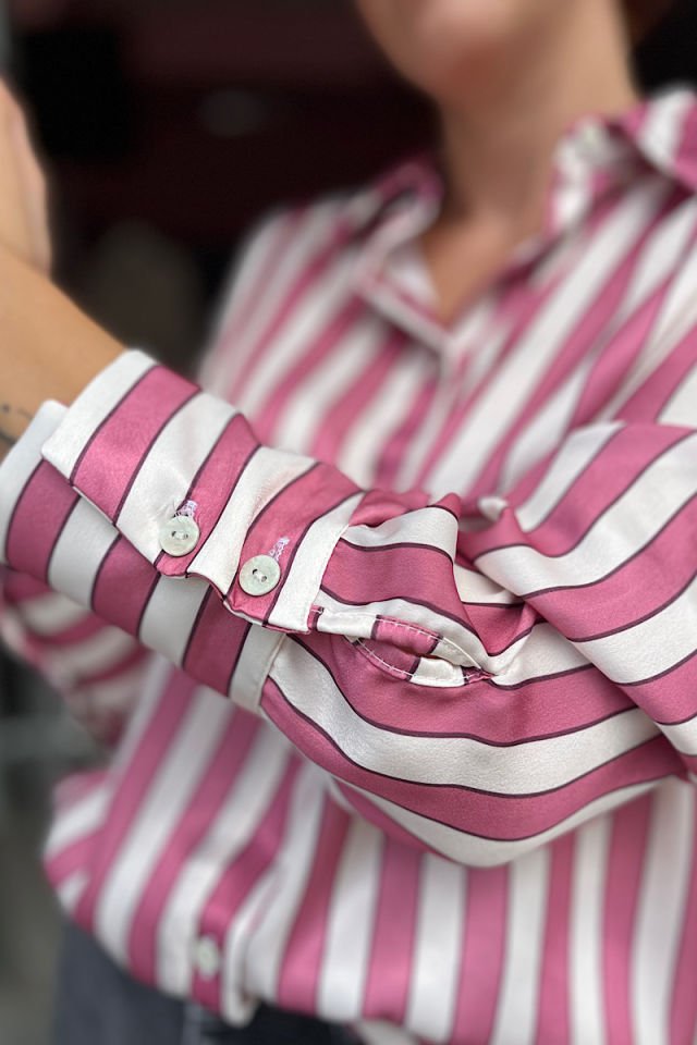 Çizgili Saten Gömlek -Fuşya Ekru