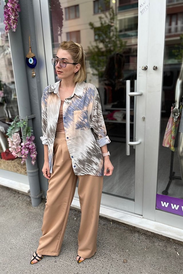 Desenli Salaş Gömlek-Krem Kahve