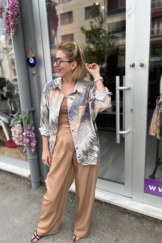 Desenli Salaş Gömlek-Krem Kahve