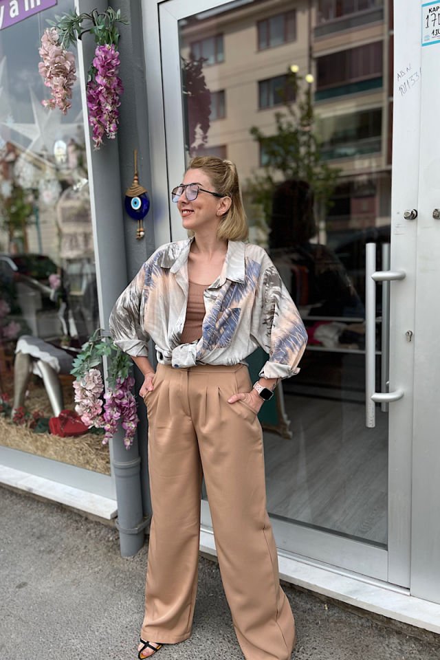 Desenli Salaş Gömlek-Krem Kahve