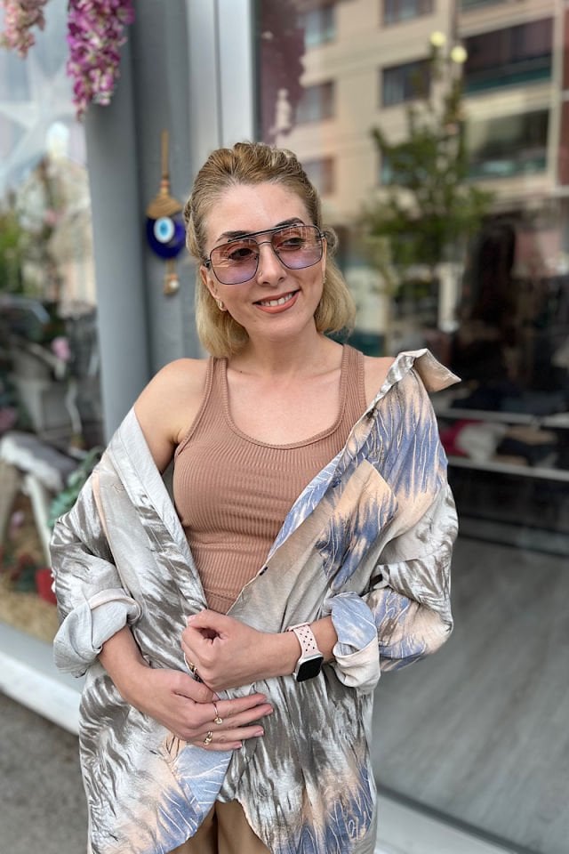 Desenli Salaş Gömlek-Krem Kahve