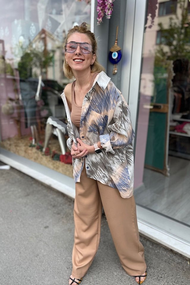 Desenli Salaş Gömlek-Krem Kahve