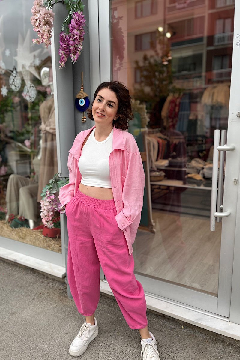 Düşük Omuz Oversize Gömlek-Pembe