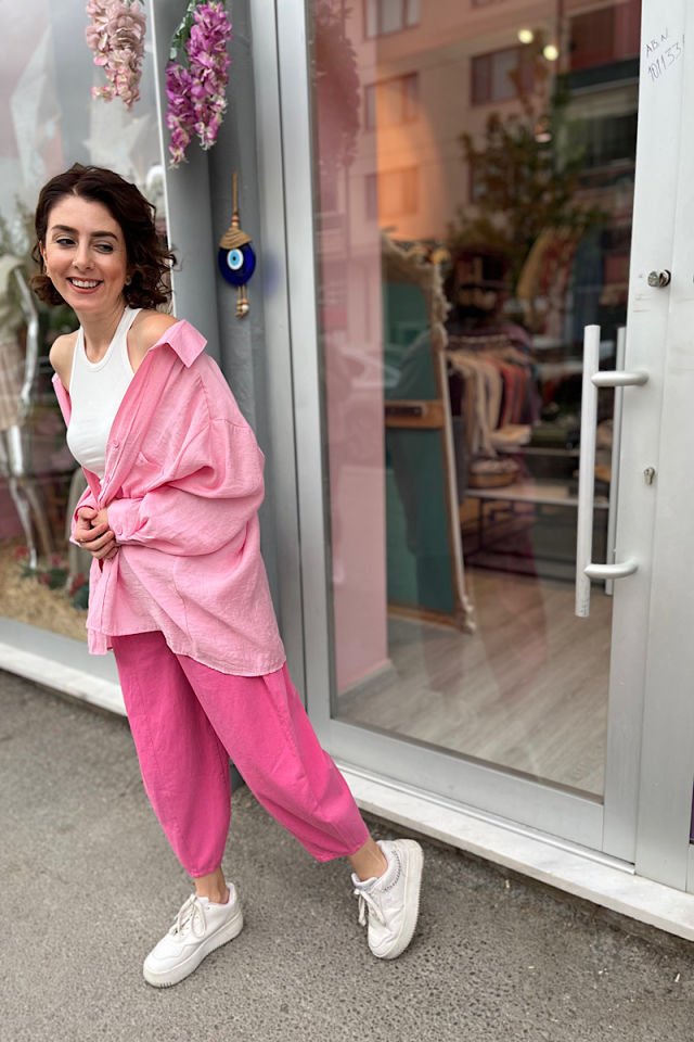 Düşük Omuz Oversize Gömlek-Pembe