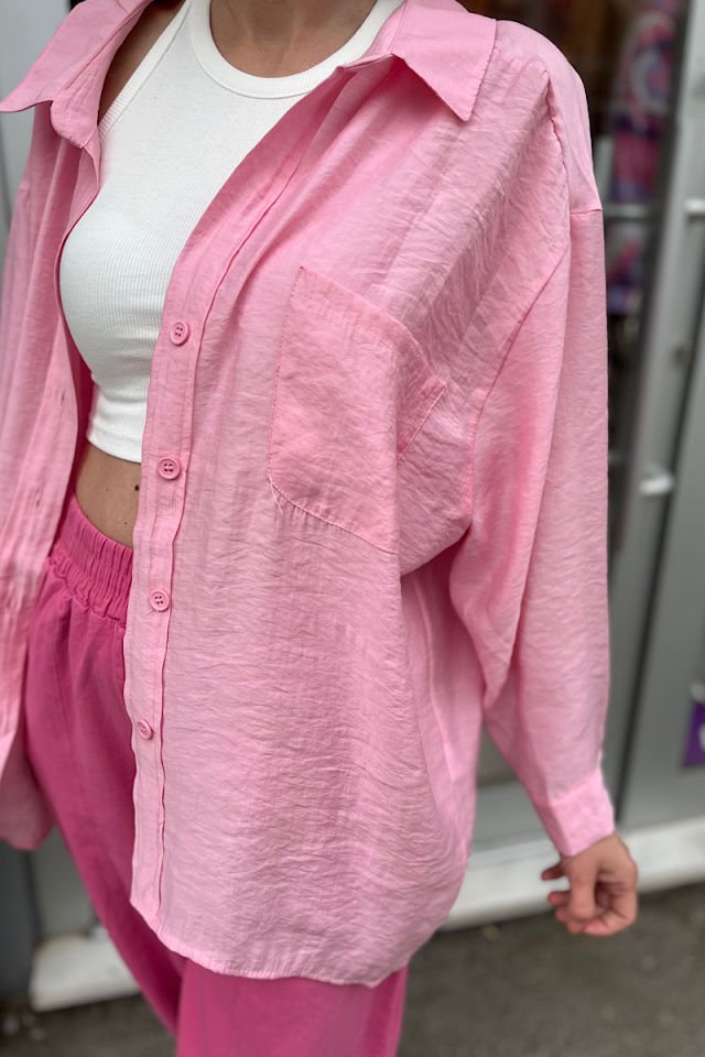 Düşük Omuz Oversize Gömlek-Pembe
