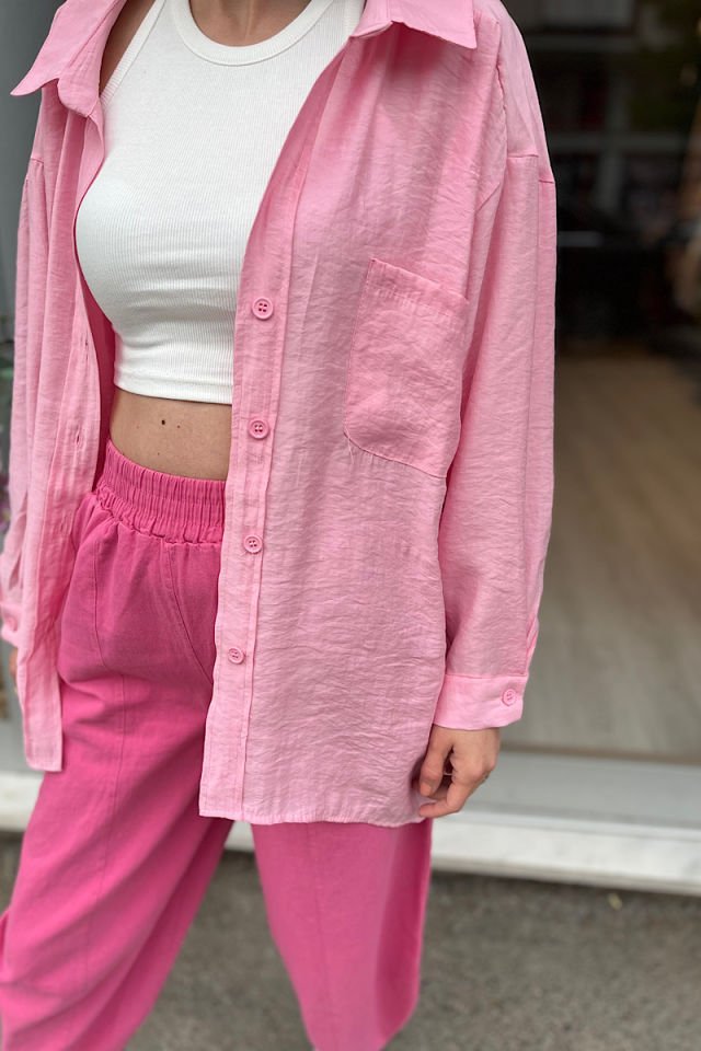 Düşük Omuz Oversize Gömlek-Pembe