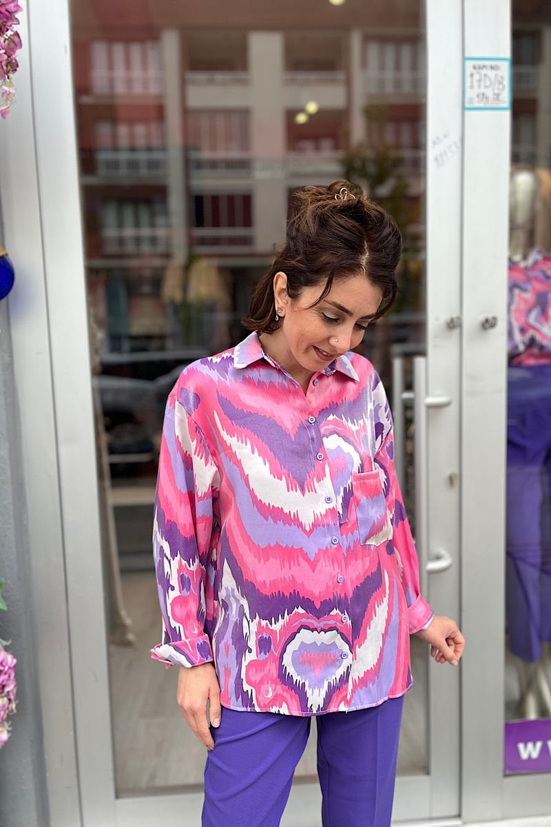 Pırıltılı Renkli Gömlek-Pembe