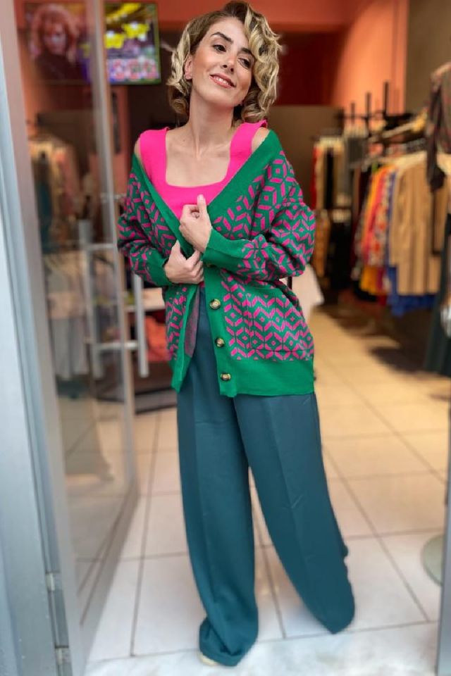 İki Renkli Hırka-Yeşil/Fuşya