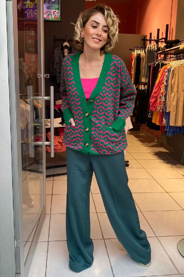 İki Renkli Hırka-Yeşil/Fuşya