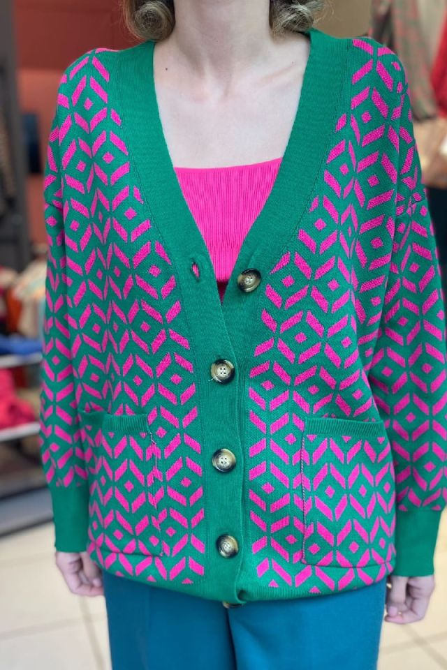 İki Renkli Hırka-Yeşil/Fuşya