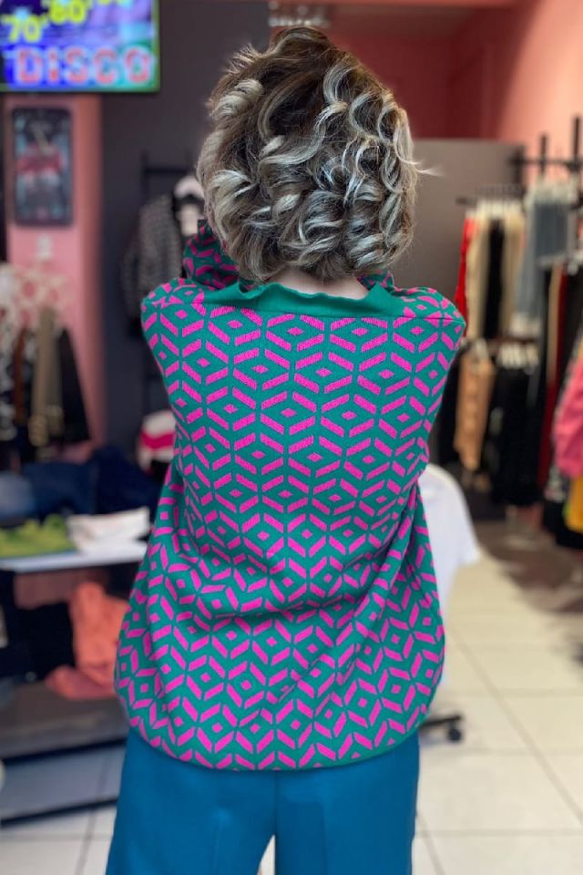 İki Renkli Hırka-Yeşil/Fuşya