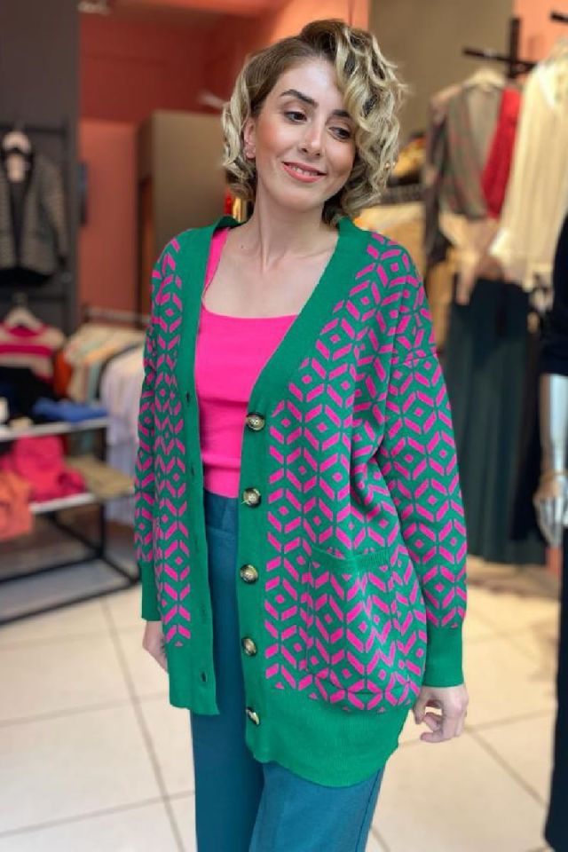 İki Renkli Hırka-Yeşil/Fuşya