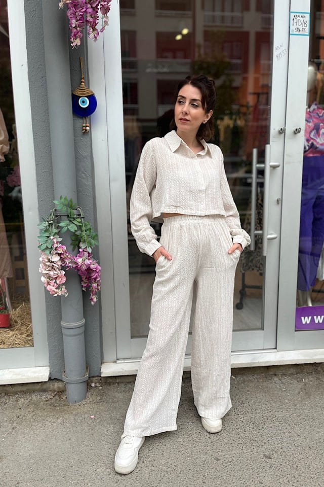 Kısa Gömlekli Müslin Keten Takım-Taş