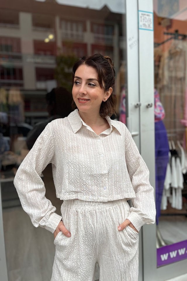 Kısa Gömlekli Müslin Keten Takım-Taş