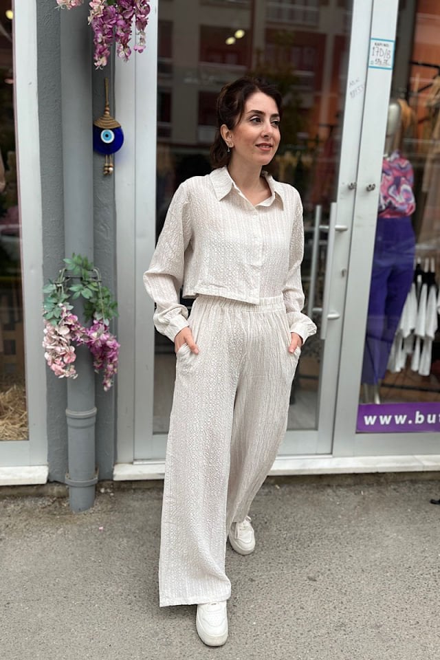 Kısa Gömlekli Müslin Keten Takım-Taş