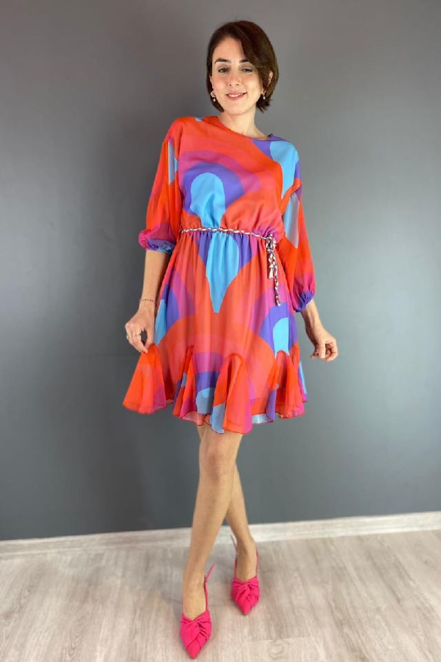 Renkli Beli Lastikli Şifon Elbise