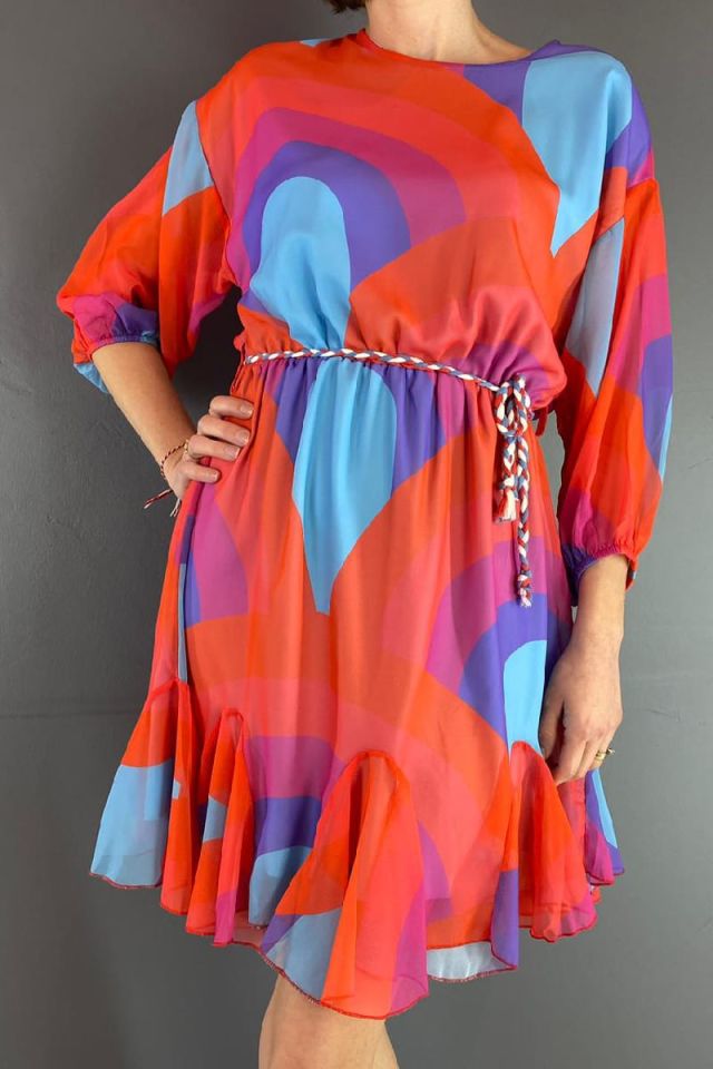 Renkli Beli Lastikli Şifon Elbise