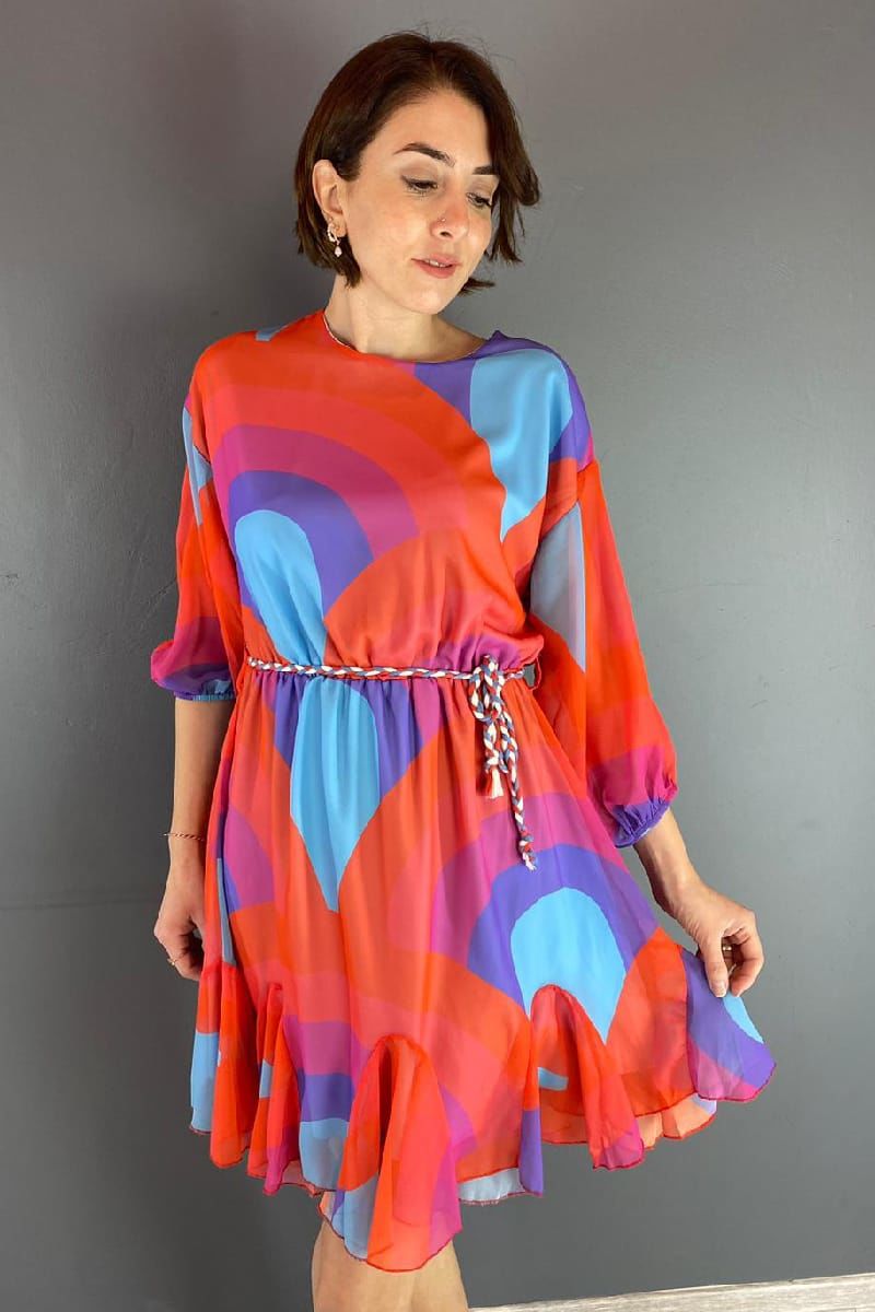 Renkli Beli Lastikli Şifon Elbise