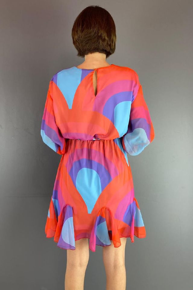 Renkli Beli Lastikli Şifon Elbise