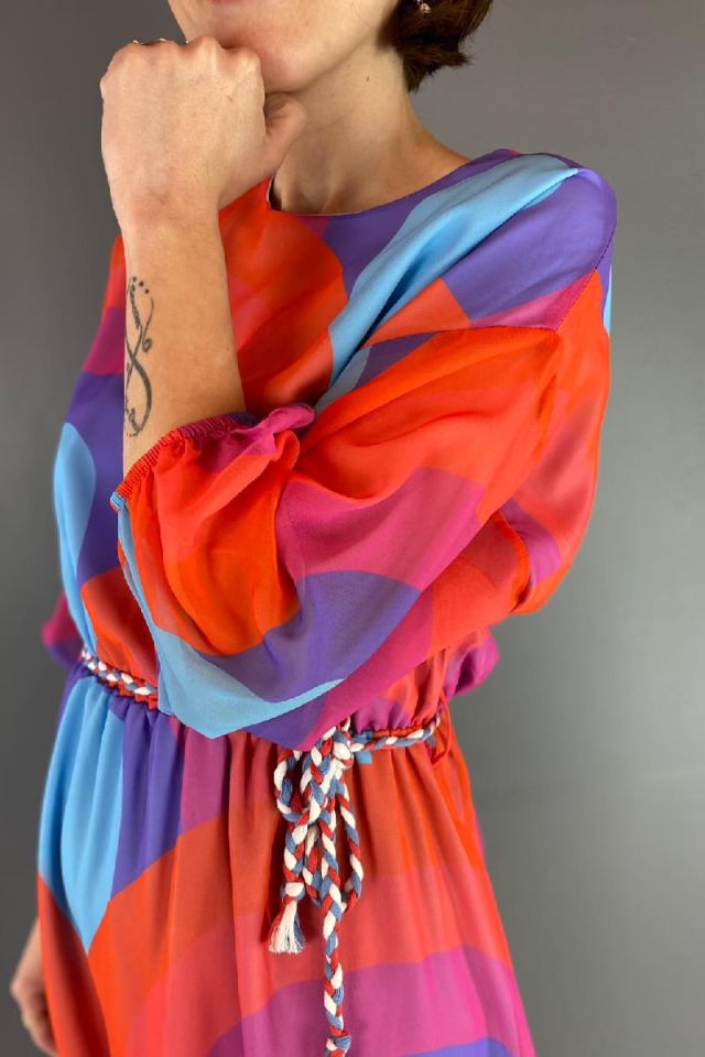 Renkli Beli Lastikli Şifon Elbise