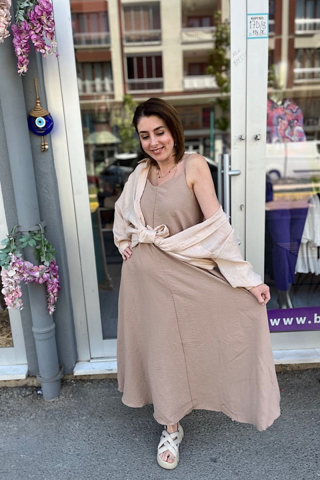 Askıları Ayarlanabilir Elbise -Camel