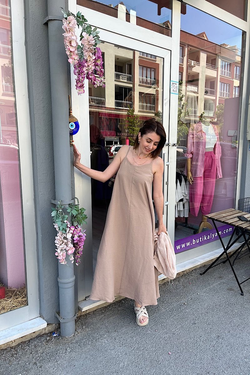 Askıları Ayarlanabilir Elbise -Camel