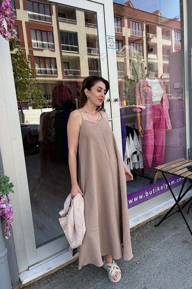 Askıları Ayarlanabilir Elbise -Camel