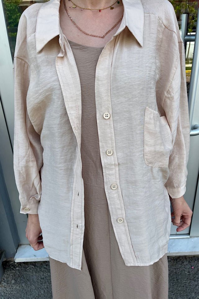 Düşük Omuz Oversize Gömlek -Taş