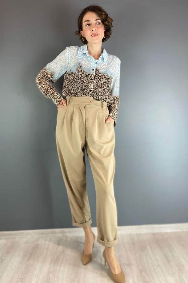 Beli Lastikli Paçası Pensli Pantolon-Taş Rengi