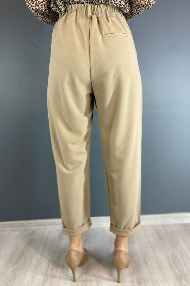 Beli Lastikli Paçası Pensli Pantolon-Taş Rengi