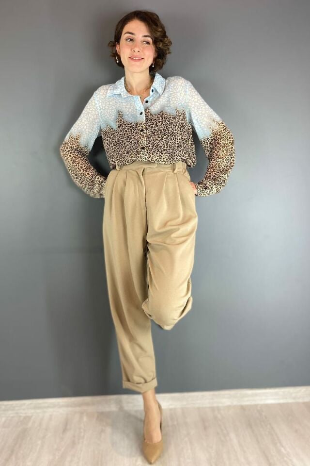 Beli Lastikli Paçası Pensli Pantolon-Taş Rengi