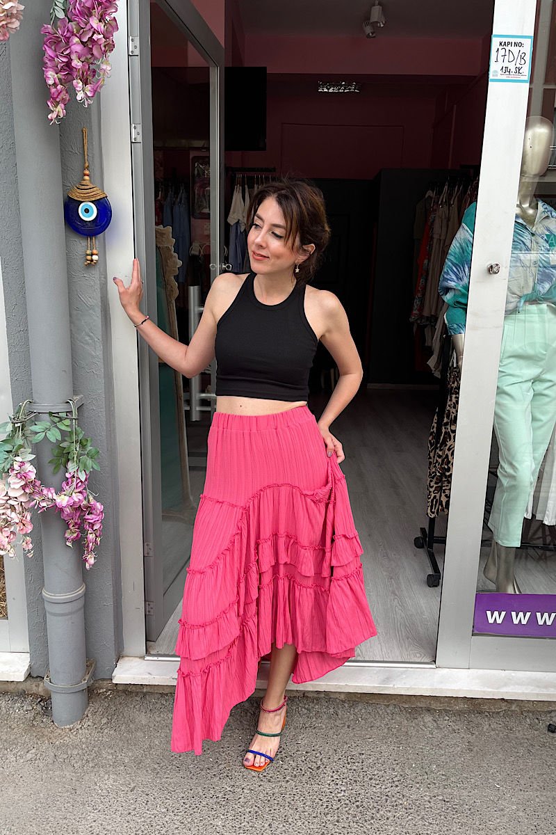 Asimetrik Gofre Etek-Fuşya