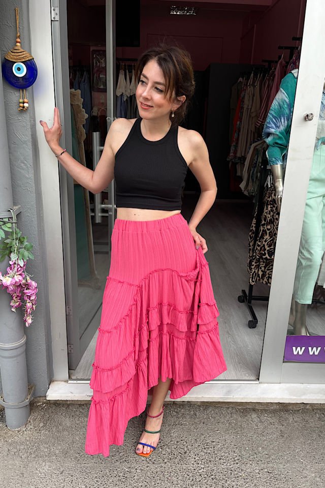 Asimetrik Gofre Etek-Fuşya