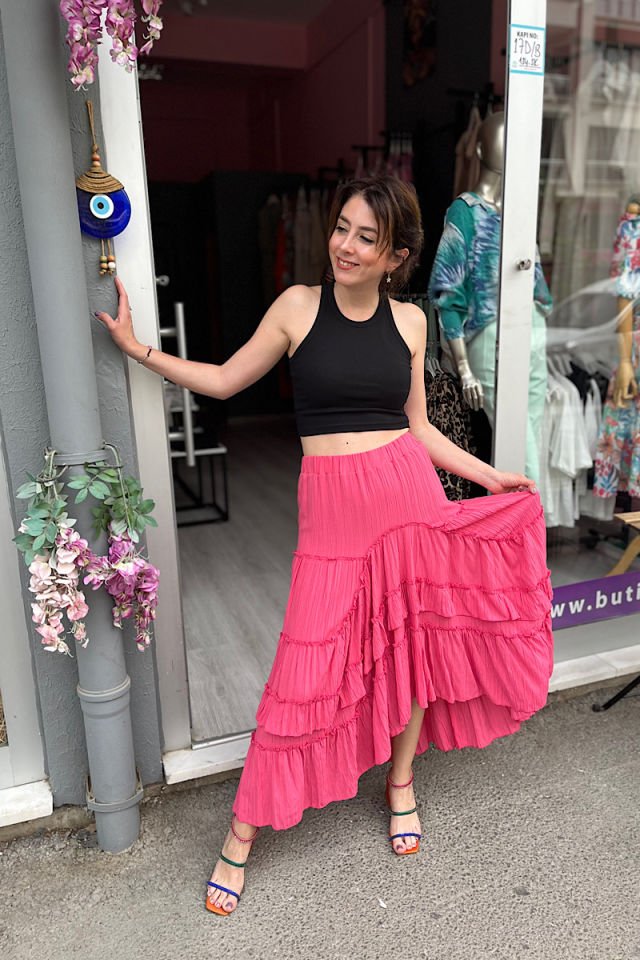 Asimetrik Gofre Etek-Fuşya