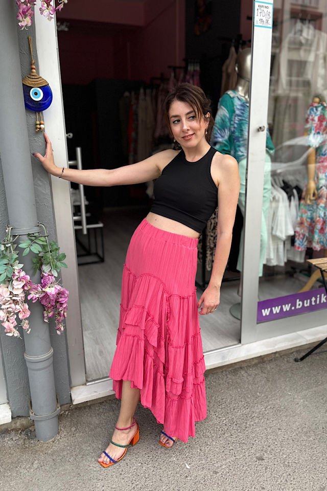 Asimetrik Gofre Etek-Fuşya