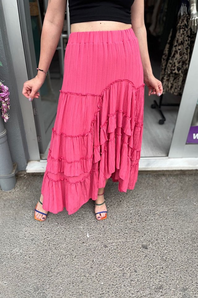 Asimetrik Gofre Etek-Fuşya