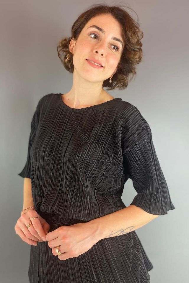 Saten Krinkıl Bluz Siyah