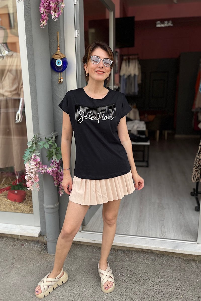 Önü Zincirli Tişört -Siyah