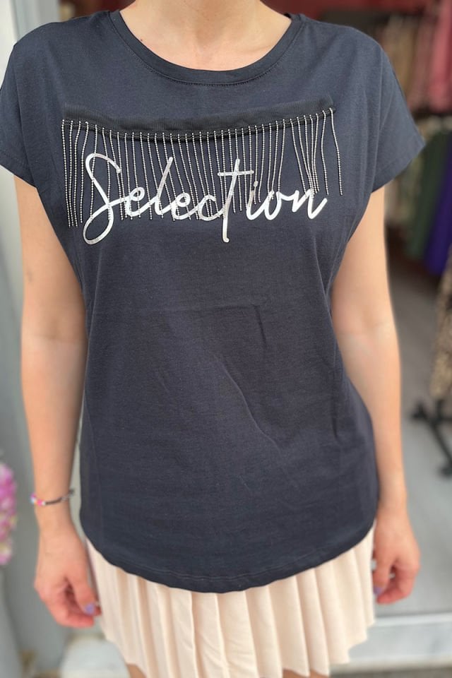 Önü Zincirli Tişört -Siyah