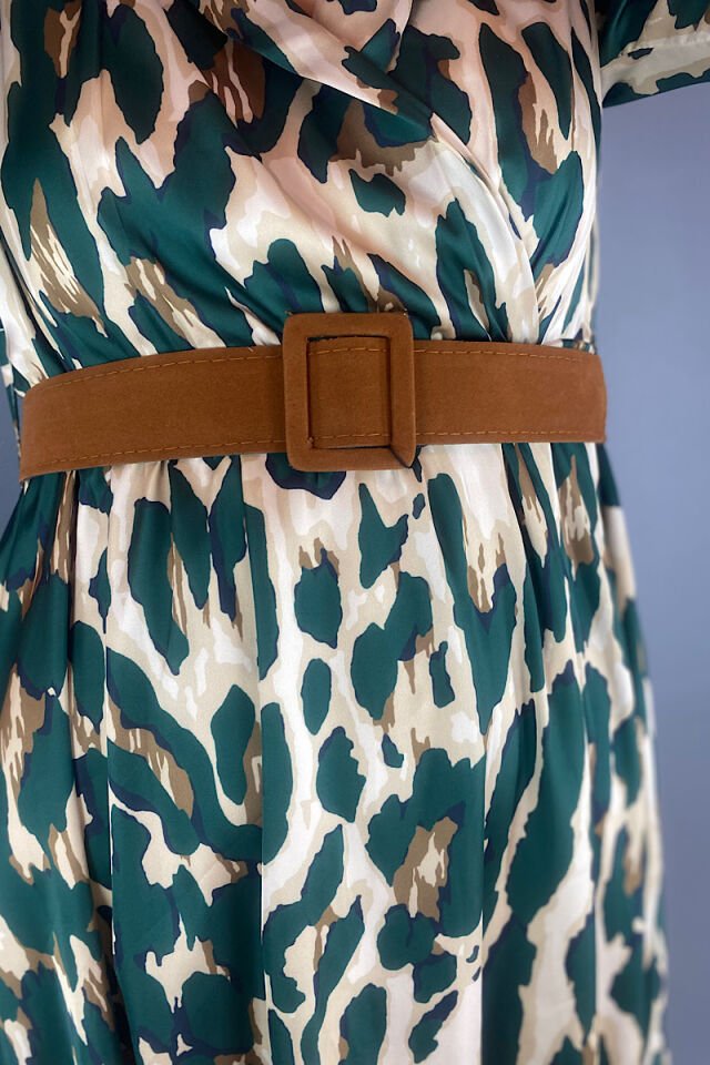 Leopar Desen Saten Şifon Elbise