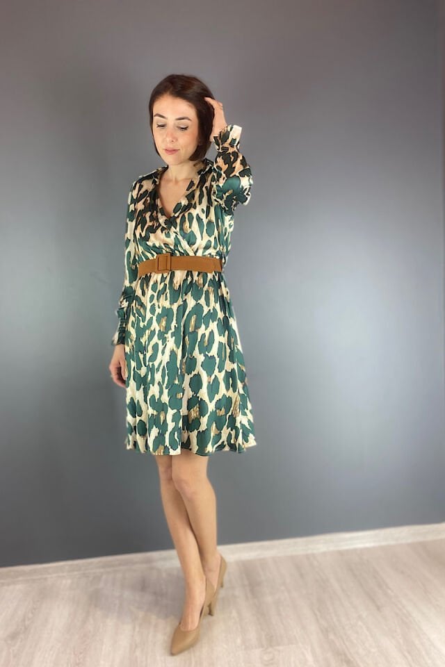 Leopar Desen Saten Şifon Elbise