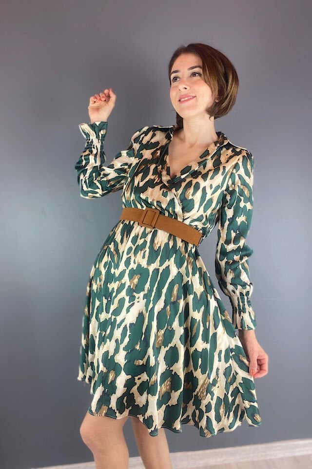Leopar Desen Saten Şifon Elbise
