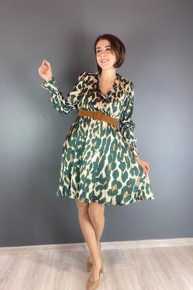 Leopar Desen Saten Şifon Elbise