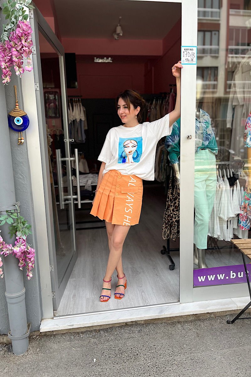 Üç Düğmeli Pileli Etek -Oranj